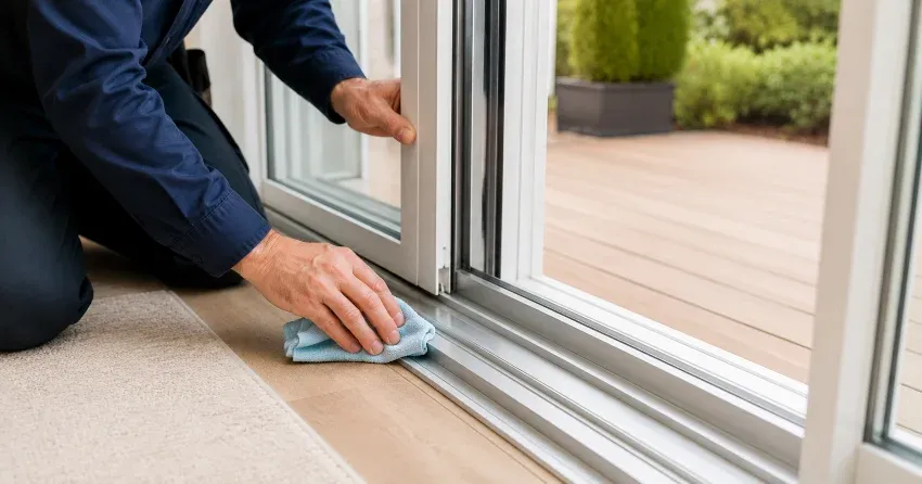 technician inspecting a sliding patio door track in Bronte, Oakville