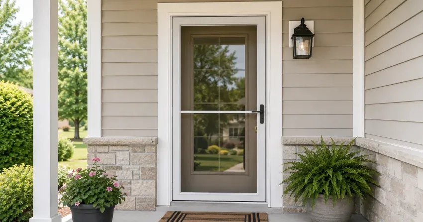 technician hanging storm door square and plumb in Morrison, Oakville