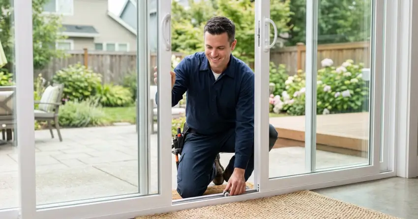 technician diagnosing a sticking patio door in Palermo, Oakville