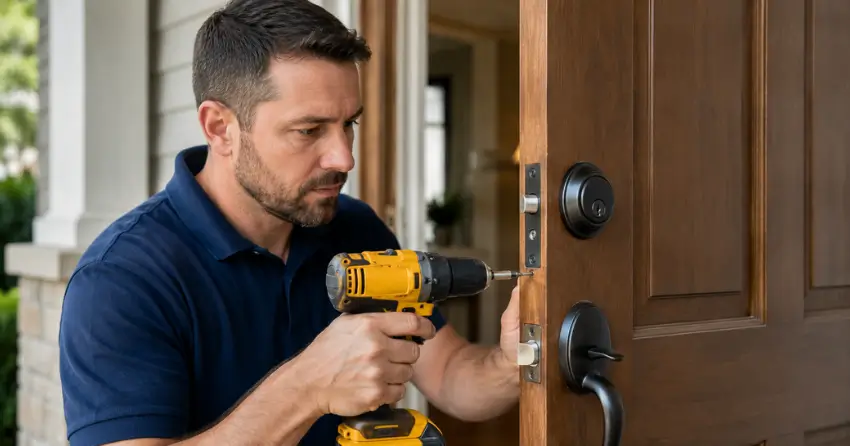 technician installing a new deadbolt during Change Door Lock Chartwell, Oakville service