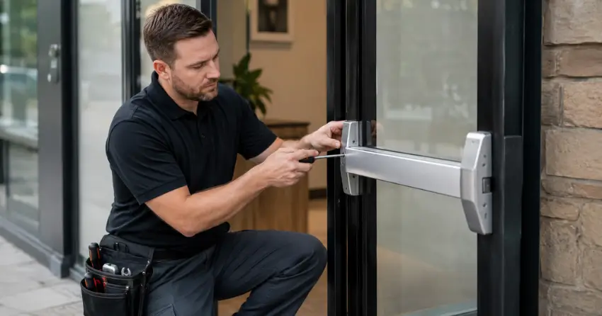 commercial locksmith repairing exit device on storefront door Oakville