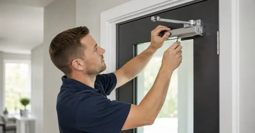 technician adjusting door closer hydraulic valve in Winston Park, Oakville home