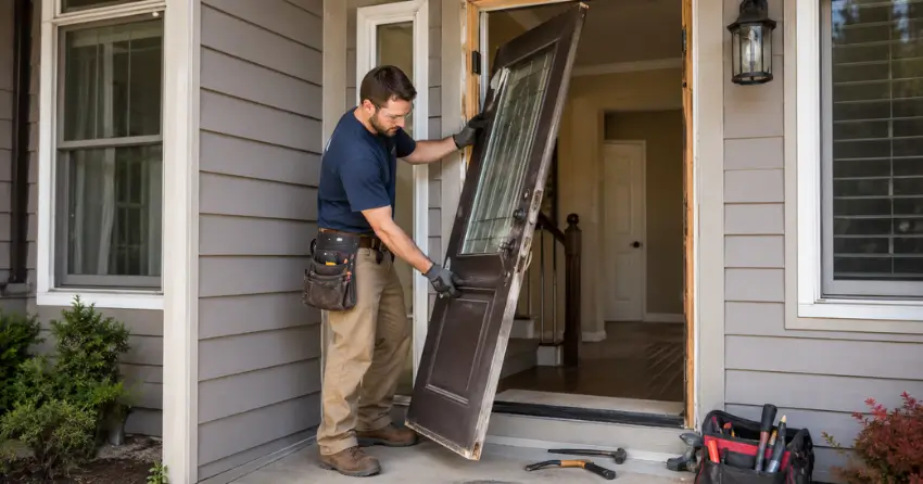 old exterior door being removed for replacement in Ford Drive, Oakville