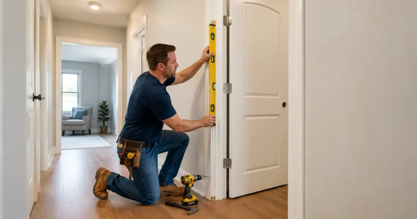 technician installing a pre-hung interior door in a home hallway Ford Drive, Oakville