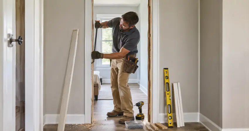 technician removing an old interior door frame during installation Winston Park, Oakville