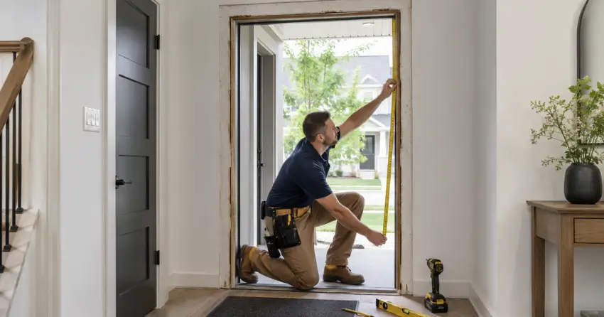technician measuring a door frame before new door installation in Oak Park, Oakville