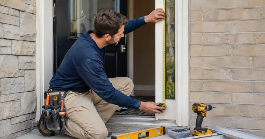 technician measuring door frame before storm door install in Morrison, Oakville