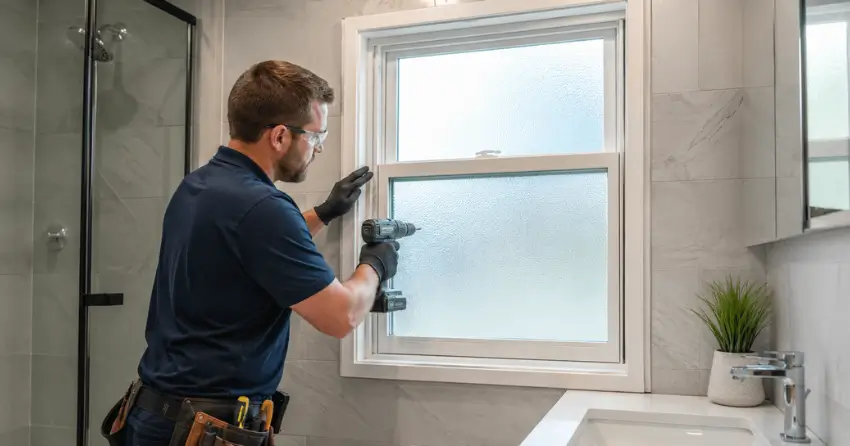 frosted glass installation bathroom window in Trafalgar, Oakville