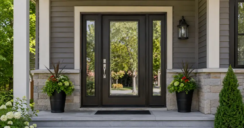 glass entry door with sidelights on a home in Uptown Core, Oakville