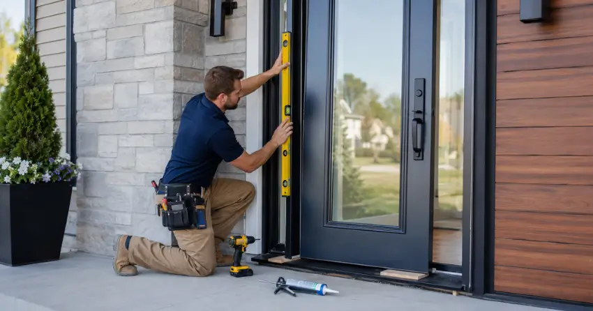 glass outside door installation with energy-efficient double-pane glazing in Downtown Oakville, Oakville
