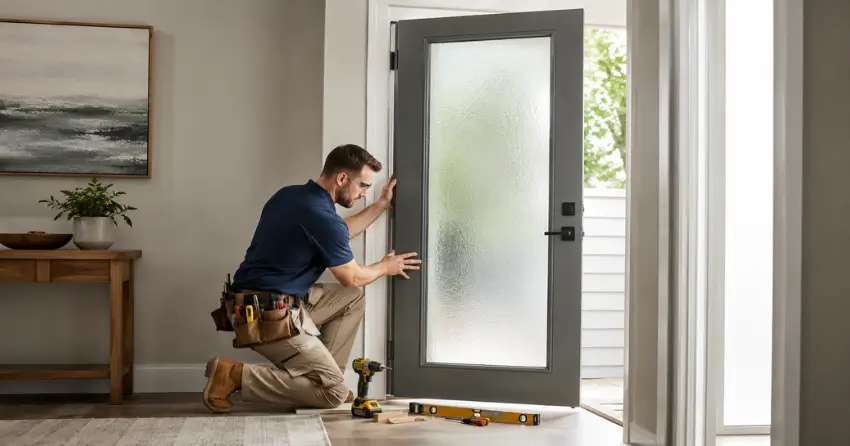 glass panel door installation with frosted privacy glass in residential setting in Iroquois Ridge South, Oakville