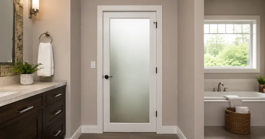 frosted glass panel bathroom door installed in a Bronte, Oakville home