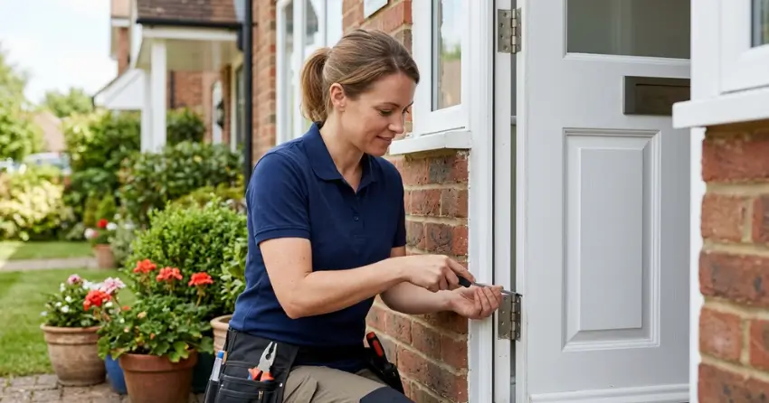 technician repairing exterior door hinge and frame in Palermo, Oakville
