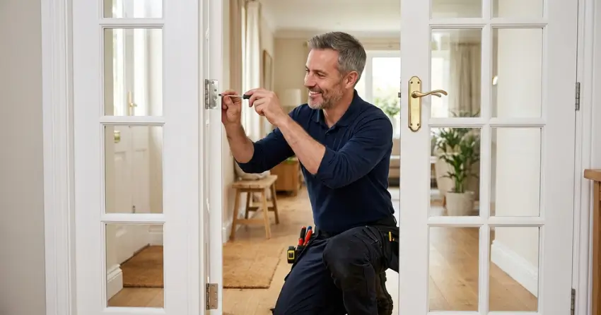 technician adjusting French door hinge for proper alignment in Morrison, Oakville