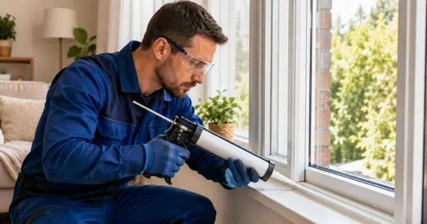 technician repairing window seal and frame in Bronte, Oakville