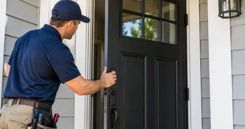 technician adjusting door hinge and strike plate in Ford Drive, Oakville home