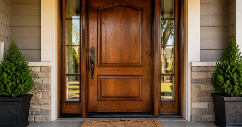 wood door mid-restoration showing stripped bare wood in Iroquois Ridge North, Oakville