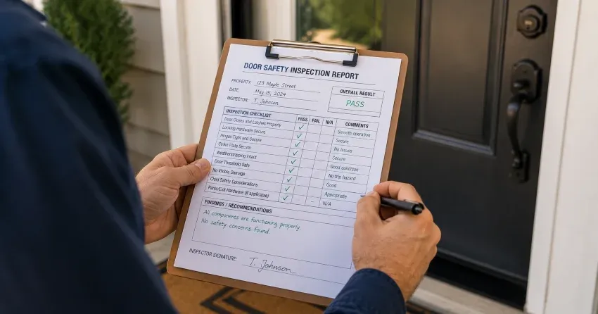 inspector checking strike plate and door frame during safety inspection in Palermo, Oakville