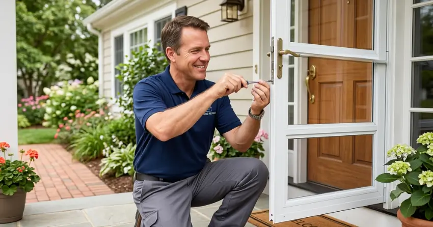 technician adjusting storm door hinge and closer in Palermo, Oakville