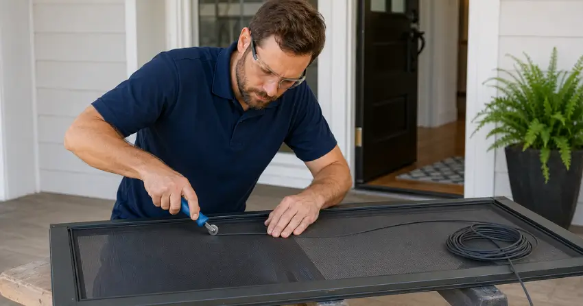 technician replacing screen door mesh and spline in West Oak Trails, Oakville